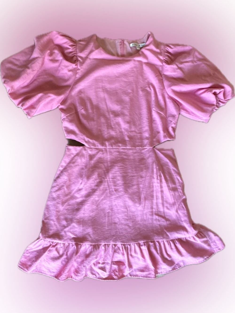 Joy Joy Pink Puff Sleeve Cutout Ruffle Hem Dress
